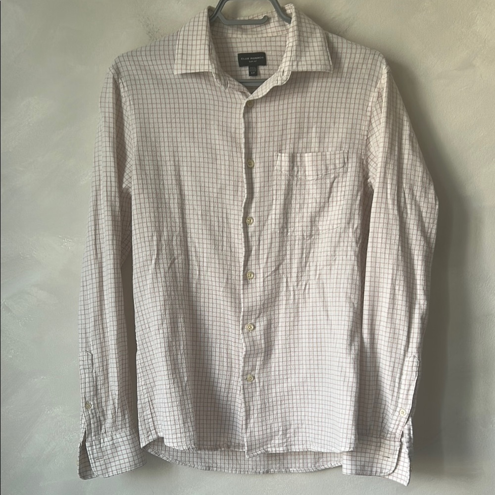 Club Monaco button down shirt pink white checks waffle collared size small slim